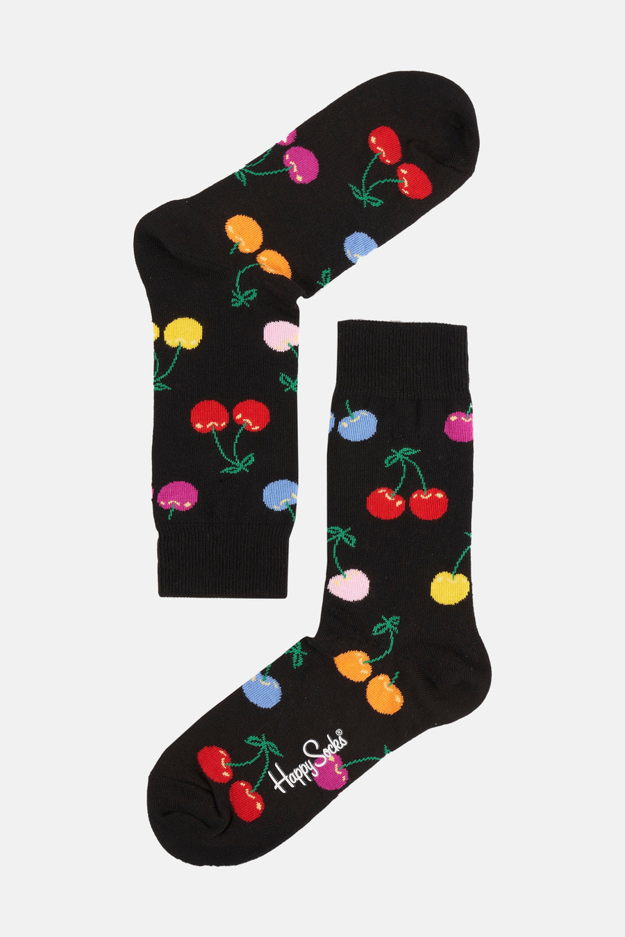 Chaussettes multicolores de Happy Socks avec un motif de cerises sur un fond noir.