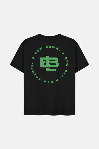 Zwart T-shirt met korte mouwen van BASELAB, met een groen logo en cirkelvormige tekst op de rug.