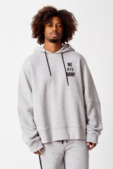 Pull gris avec capuche de COELY, avec des cordons noirs et une impression "We Are Many".