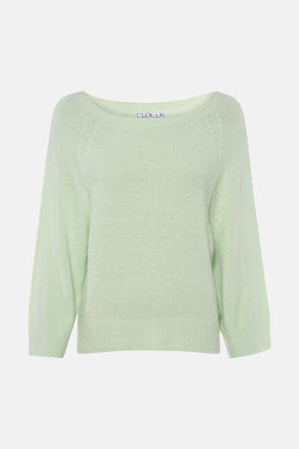 Lichtgroene trui van Clouds of Fashion met ronde hals, pluizige gebreide textuur, lange raglanmouwen en geribbelde boorden.