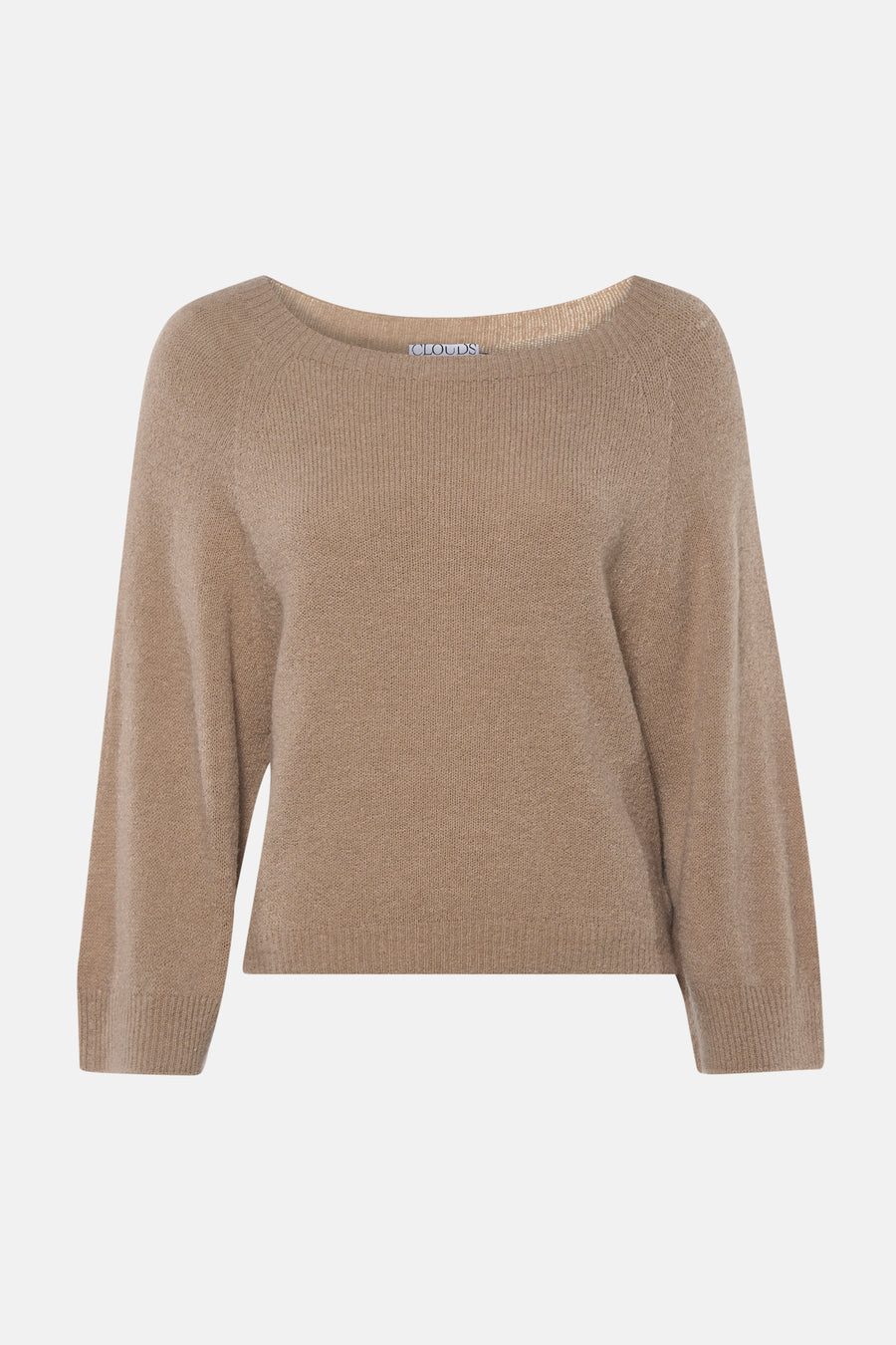 Bruine trui met ronde hals van Clouds of Fashion, met subtiele breistructuur en raglanmouwen.