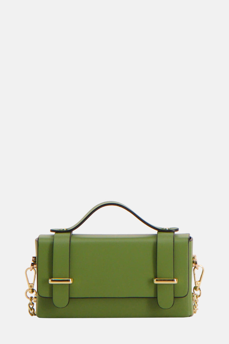 Groene handtas van Clouds of Fashion met goudkleurige details en een ketting hengsel.
