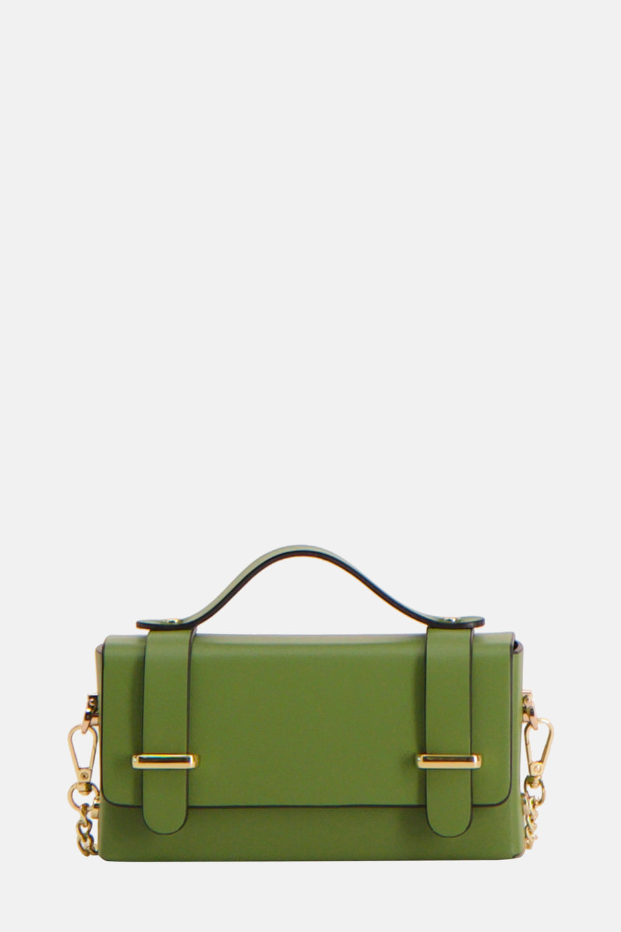 Groene leren tas met gouden ketting.
