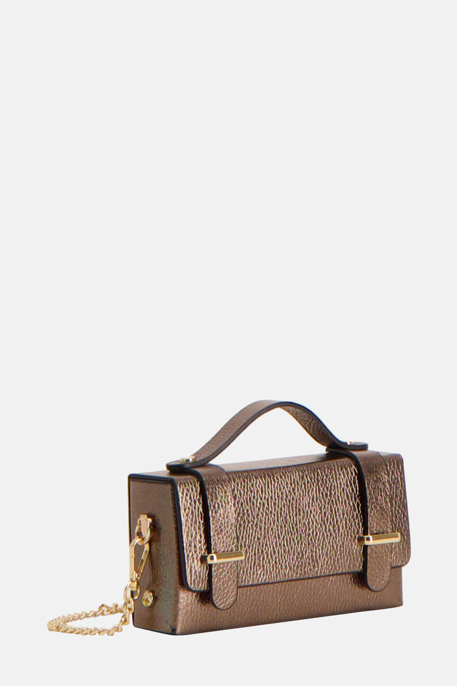 Gouden handtas van Clouds of Fashion met een structuur en een gouden ketting.
