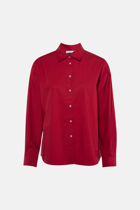 Rode blouse met lange mouwen van Clouds of Fashion, met knoopsluiting en een klassieke kraag.