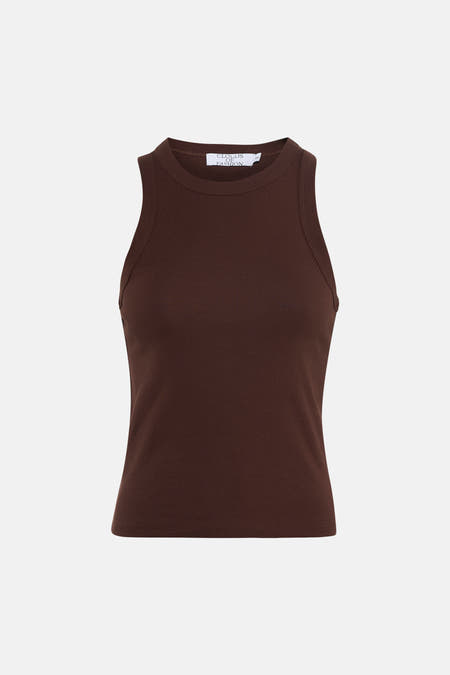 Bruine singlet van Clouds of Fashion, mouwloos en met een ronde halslijn.