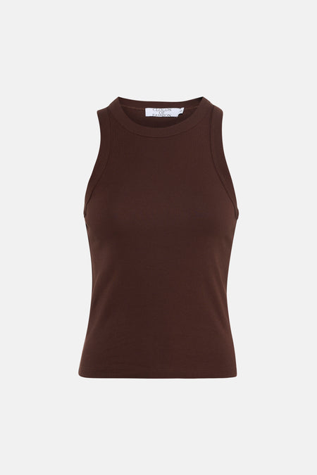 Bruine singlet van Clouds of Fashion, mouwloos en met een ronde halslijn.