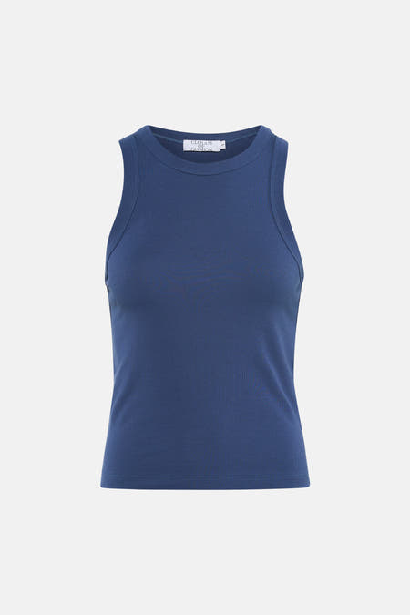 Blauwe singlet van Clouds of Fashion, met een geribbelde textuur en ronde hals.