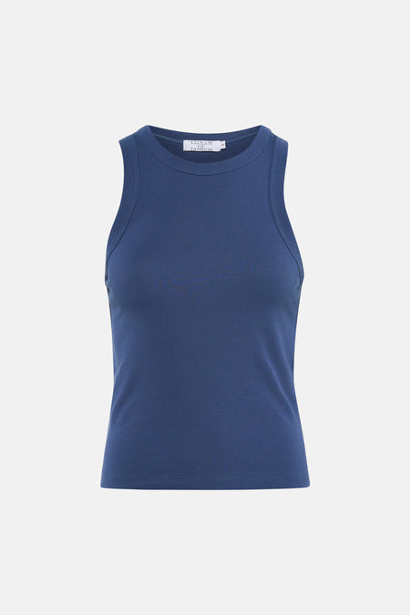 Blauwe singlet van Clouds of Fashion, met een geribbelde textuur en ronde hals.