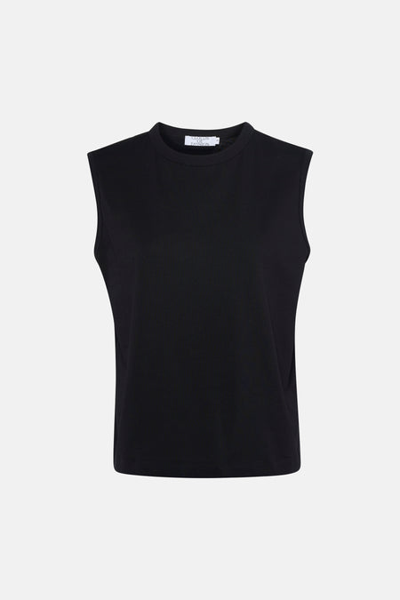 Zwarte singlet van Clouds of Fashion, mouwloos en met een ronde hals.