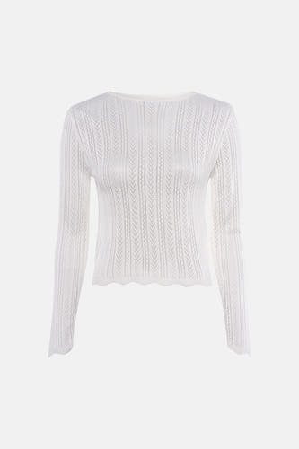 Wit T-shirt met lange mouwen van HAILYS, met een fijn gebreid patroon en een golvende zoom.