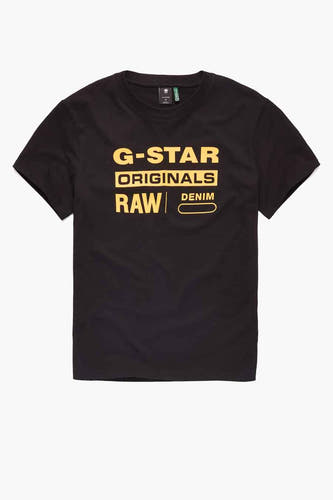 Zwart T-shirt van G-Star RAW met gele tekstprint op de voorkant.