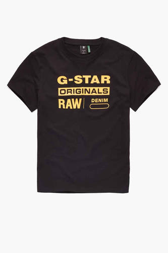 Zwart T-shirt van G-Star RAW met een gele tekstprint op de voorkant.
