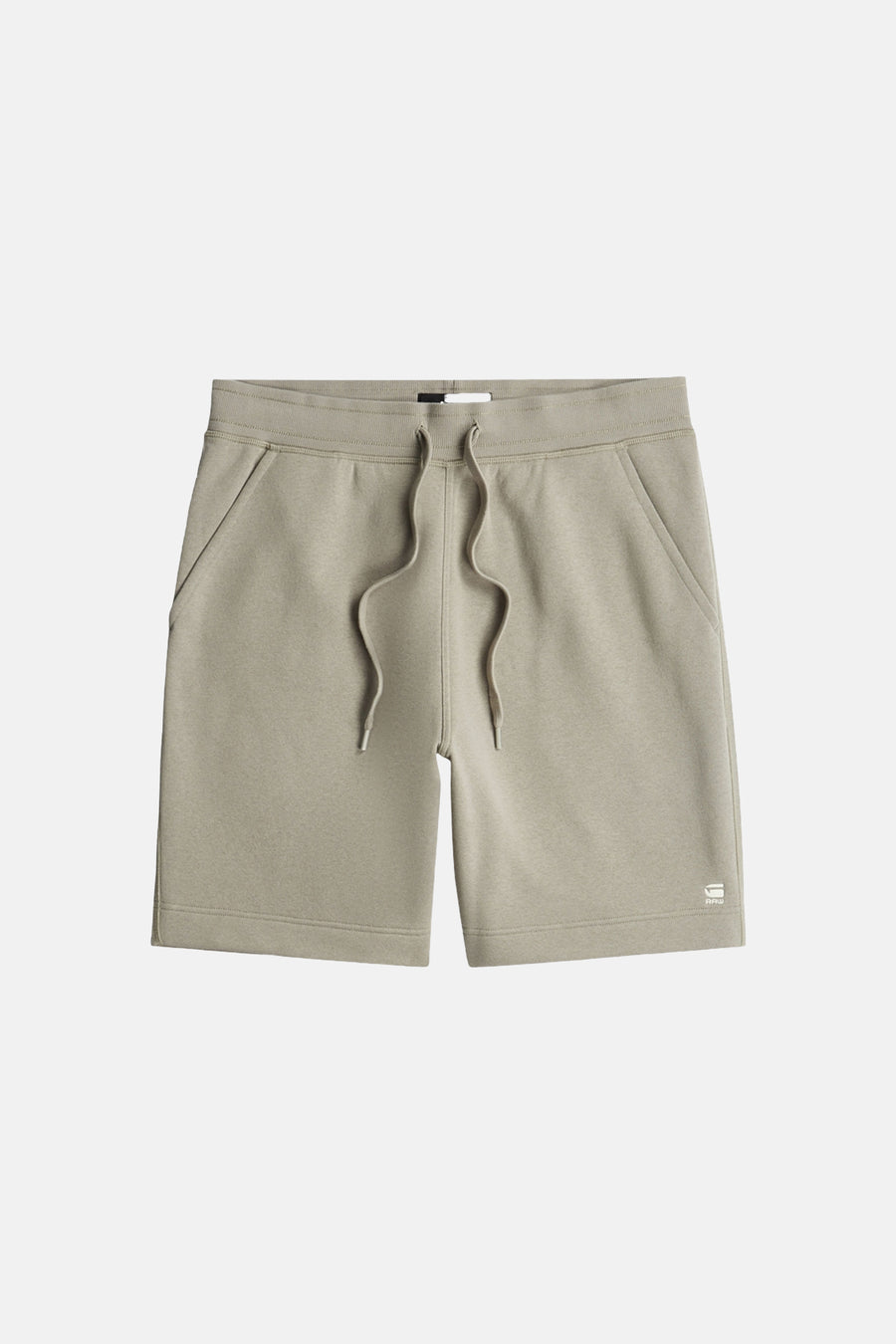 Short gris G-Star RAW avec cordon de serrage, poches latérales et logo blanc sur la jambe gauche.