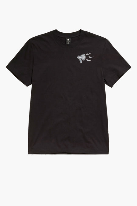 T-shirt noir à manches courtes de G-Star RAW avec impression mégaphone blanche sur la poitrine, col rond et détails rayés