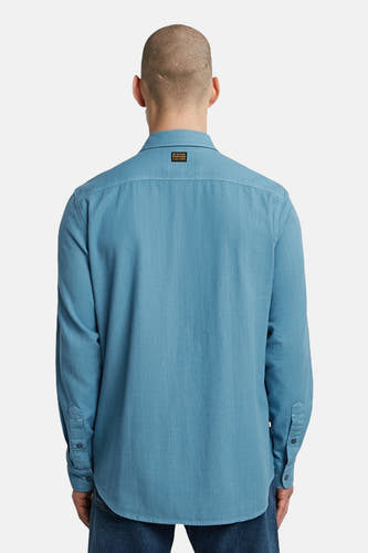 Blauw overhemd met lange mouwen van G-Star RAW, rugzijde met klein merklabel bovenop.