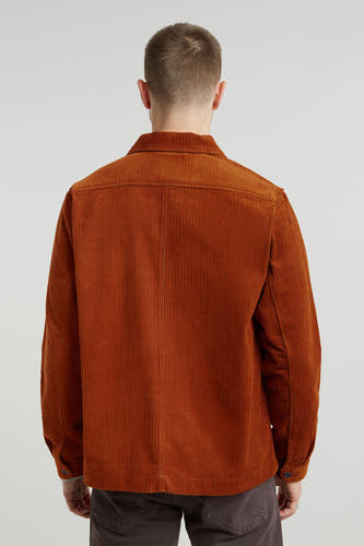 Bruin overhemd van G-Star RAW in ribstof, rugaanzicht met kraag en lange mouwen.