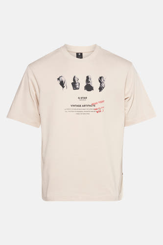 T-shirt écru à manches courtes de G-Star RAW, avec imprimé vintage et détails textuels sur l'avant.