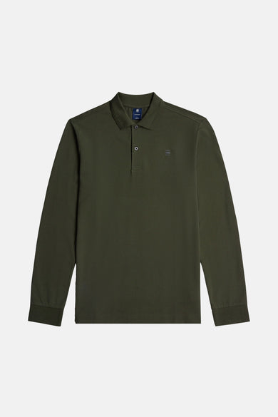 Groene polo met lange mouwen van G-Star RAW, met een knoopsluiting en een klein logo op de borst.
