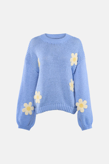 Blauwe trui met ronde hals van HAILYS, versierd met crèmekleurige bloemmotieven op de mouwen en het voorpand.