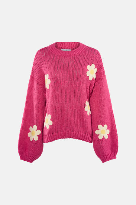 Roze trui met ronde hals van HAILYS, versierd met gebreide bloemmotieven en volumineuze mouwen.
