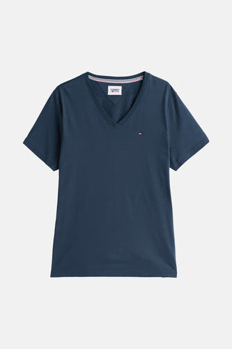 Blauwe V-hals T-shirt van TOMMY JEANS met klein logo op borst, gestreepte kraagbinnenzijde, korte mouwen, front view