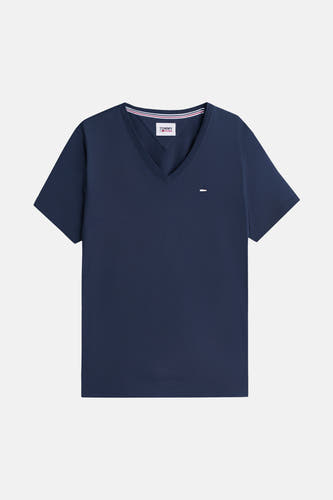 Donkerblauwe V-hals T-shirt van TOMMY JEANS met klein logo op borst en gestreepte kraagbinnenzijde, front view