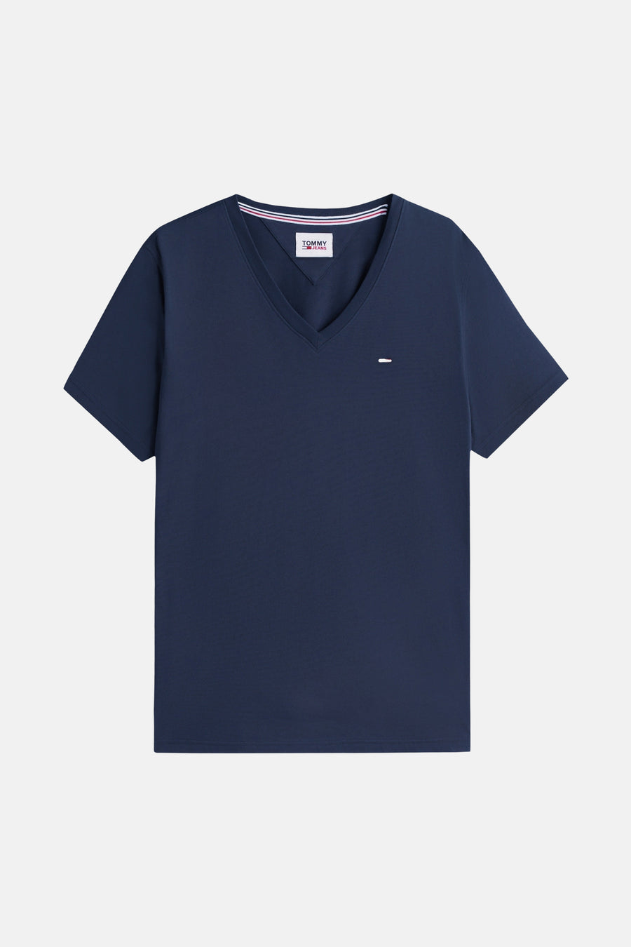 Donkerblauwe V-hals T-shirt van TOMMY JEANS met klein logo op borst en gestreepte kraagbinnenzijde, front view