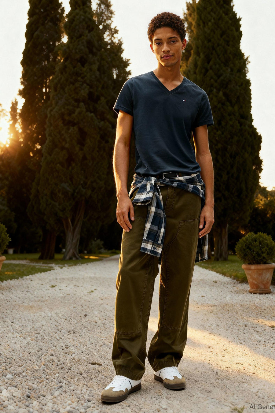 Blauwe V-hals T-shirt van TOMMY JEANS, gedragen met groene broek en geruit overhemd in tuin, zonsondergangachtergrond