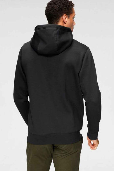 Zwarte hoodie van TOMMY JEANS, achterkant weergegeven, gladde stof, capuchon, ribboorden aan zoom en mouwen