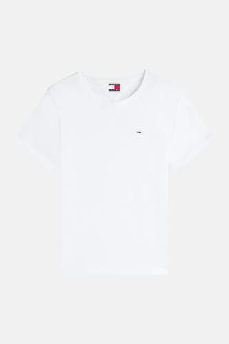 Wit T-shirt met korte mouwen en V-hals van TOMMY JEANS, met klein vlaglogo op de borst en merklabel in de nek.