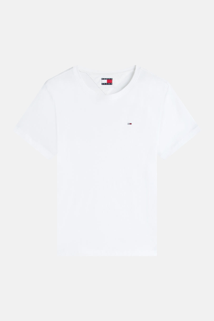 Wit T-shirt met korte mouwen en V-hals van TOMMY JEANS, met klein vlaglogo op de borst en merklabel in de nek.