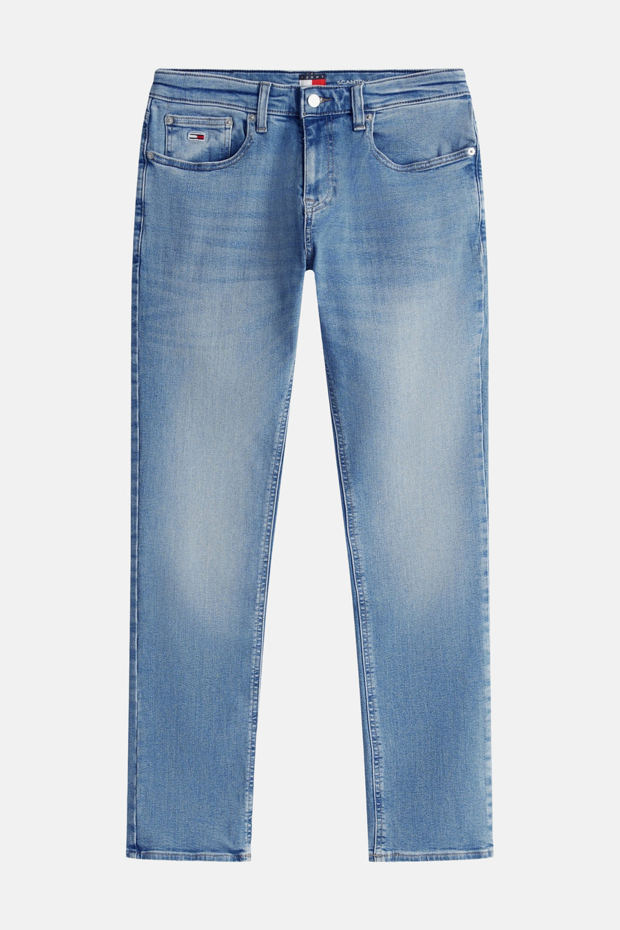 Jean slim bleu moyen de TOMMY JEANS, en denim lavé avec des détails subtils décolorés, vue de face