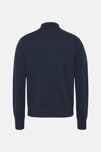 Blauwe trui van TOMMY JEANS, achterkant in fijne gebreide textuur met een kraag.