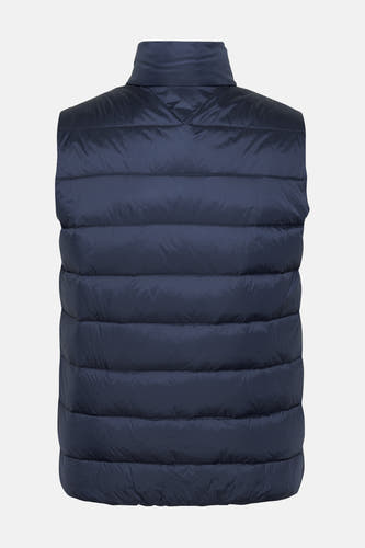 Blauw bodywarmer van TOMMY JEANS, gewatteerd en mouwloos, met een opstaande kraag en stikseldetails.

