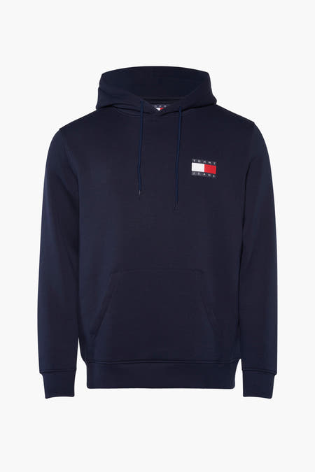 Blauwe sweater met kap van TOMMY JEANS, met trekkoorden en een opgestikt logo op de borst.