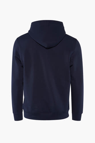 Blauwe sweater met kap van Tommy Jeans, gezien vanaf de achterkant.
