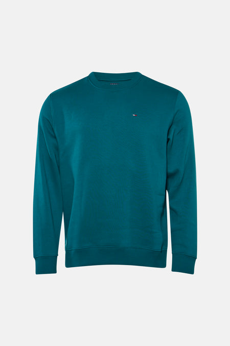 Groene ronde hals sweater van TOMMY JEANS met klein logo op borst, ribboorden aan kraag en mouwen, front view