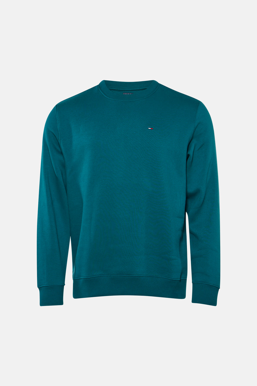 Groene ronde hals sweater van TOMMY JEANS met klein logo op borst, ribboorden aan kraag en mouwen, front view