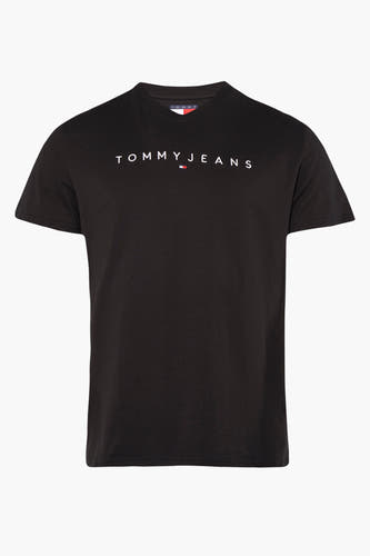 Zwart T-shirt met korte mouwen van TOMMY JEANS, met witte merkletters op de borst.