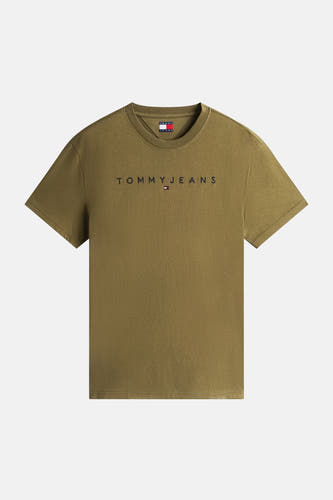 T-shirt vert avec manches courtes de Tommy Jeans, avec un subtil logo "Tommy Jeans" sur la poitrine.