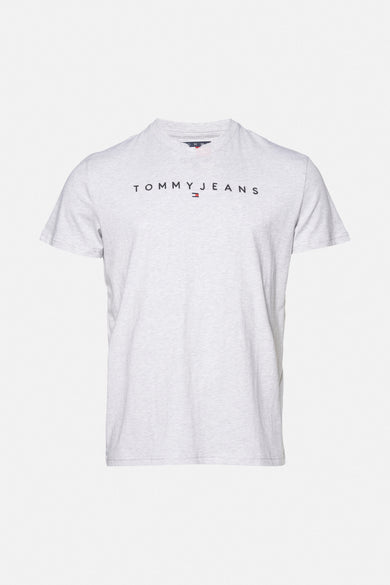 Grijs T-shirt met korte mouwen van TOMMY JEANS, met een opvallend merklogo op de borst.