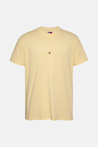 Geel T-shirt met korte mouwen van TOMMY JEANS, met witte merknaam boven het kleine logo.