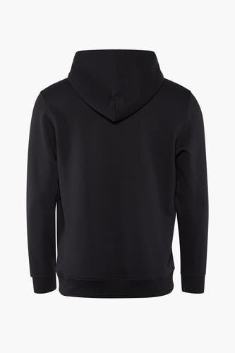 Zwarte sweater met kap van TOMMY JEANS, gezien van achteren.