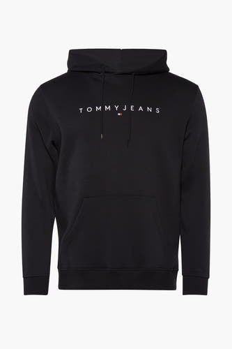 Zwarte sweater met kap van Tommy Jeans, met witte logo opdruk en buidelzak.