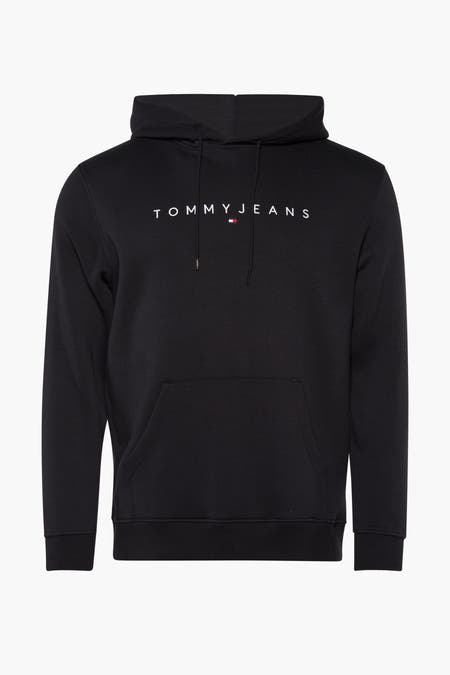 Zwarte sweater met kap van Tommy Jeans, met witte logo opdruk en buidelzak.