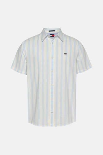 Blauw gestreept katoenen overhemd met korte mouwen van TOMMY JEANS, met knoopsluiting.