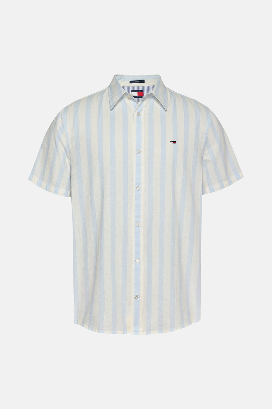Blauw gestreept katoenen overhemd met korte mouwen van TOMMY JEANS, met knoopsluiting.