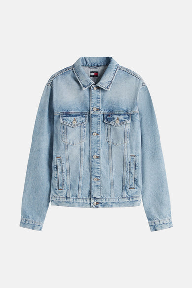Lichtblauwe denim jeansjas van TOMMY JEANS met knoopsluiting, borstzakken en steekzakken.