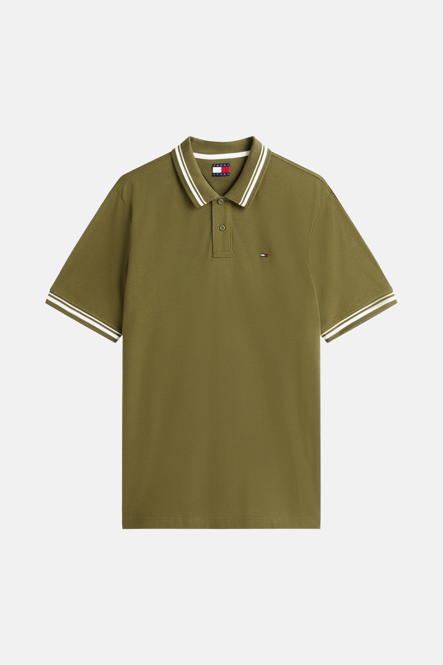 Olijfkleurige Tommy Hilfiger polo met witte strepen.